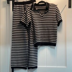 Black and White Knit Two-Piece Set - Patterned Polo Top & Wide Leg Pants